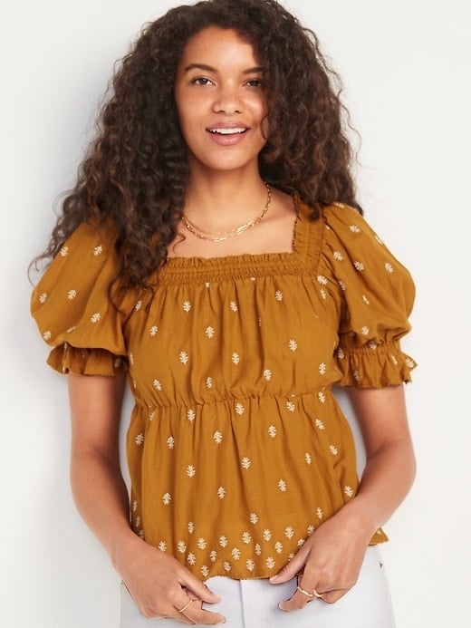 Old Navy Puff-Sleeve Smocked Embroidered Babydoll Blouse