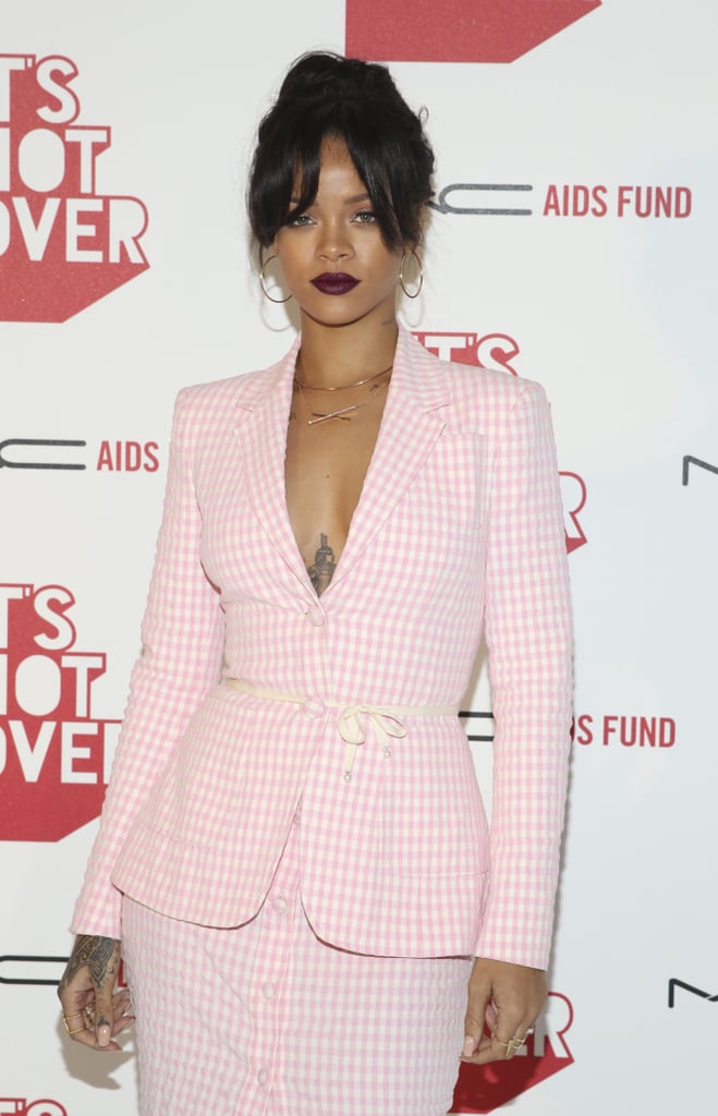 Rihanna wore a sleek pink suit as MAC's Viva Glam spokesperson for the brand's AIDS Fund film premiere in LA on Tuesday.