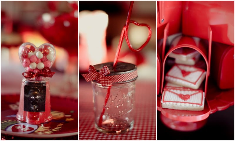 The Valentine's Day theme appeared in every detail, from the heart-shaped gumball machines to the mini mason jars with heart-shaped straws to red mailboxes stuffed with edible heart envelopes. 
Source: Jenny Cookies