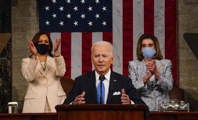 WASHINGTON, DC - APRIL 28:  President Joe Biden addresses a joint session of Congress, with Vice President Kamala Harris and House Speaker Nancy Pelosi (D-CA) on the dais behind him on April 28, 2021 in Washington, DC. On the eve of his 100th day in offic