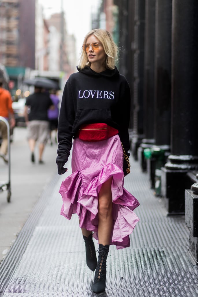 Style It With a Hoodie and Ruffled Skirt How to Wear a Fanny Pack