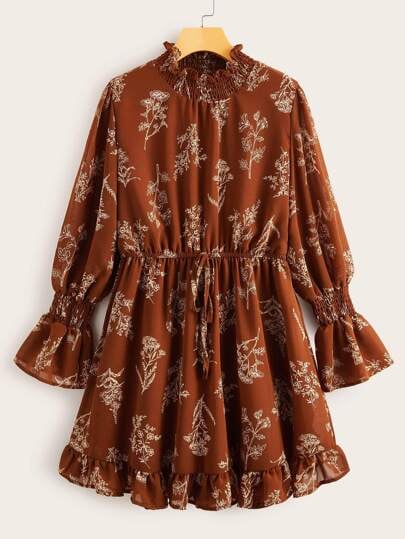 SHEIN Plants Print Shirred Lettuce Frill A-Line Dress