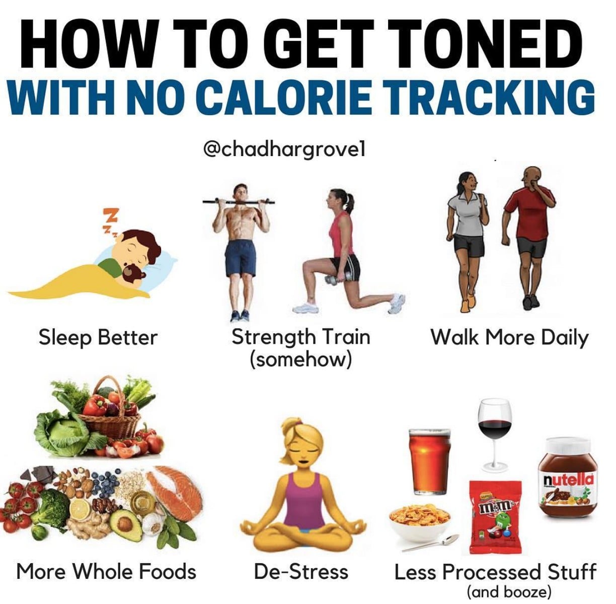Get toned. Count Calories. Keep track of the Calories. Motivation on Day eat food and Sleep much. Stressful things.