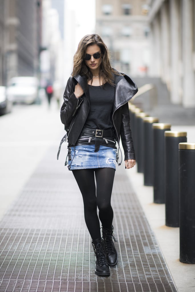 denim shirt and leather skirt