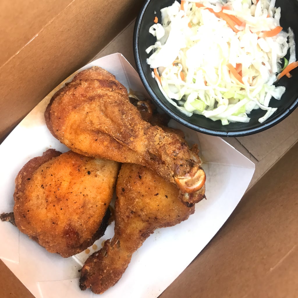 Poultry Palace serves up a Chicken Drumstick Box ($10), which comes with three chicken drumsticks and slaw. Other items include a Jumbo Smoked Turkey Leg ($11), corn on the cob ($5), and chips ($3). The chicken is oven-baked rather than fried, so it's crunchy without being greasy or too messy.