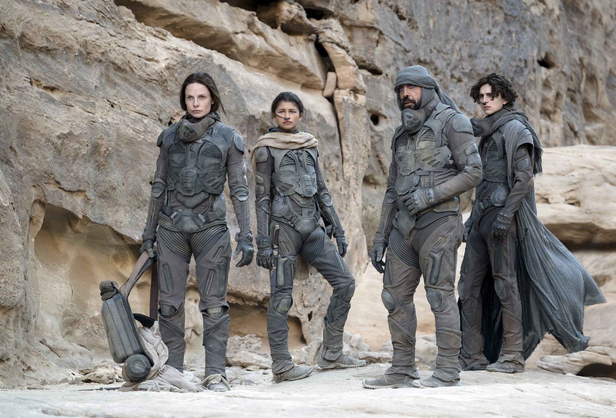 DUNE, from left: Rebecca Ferguson, Zendaya, Javier Bardem, Timothee Chalamet, 2021. ph: Chiabella James /  Warner Bros. / Courtesy Everett Collection