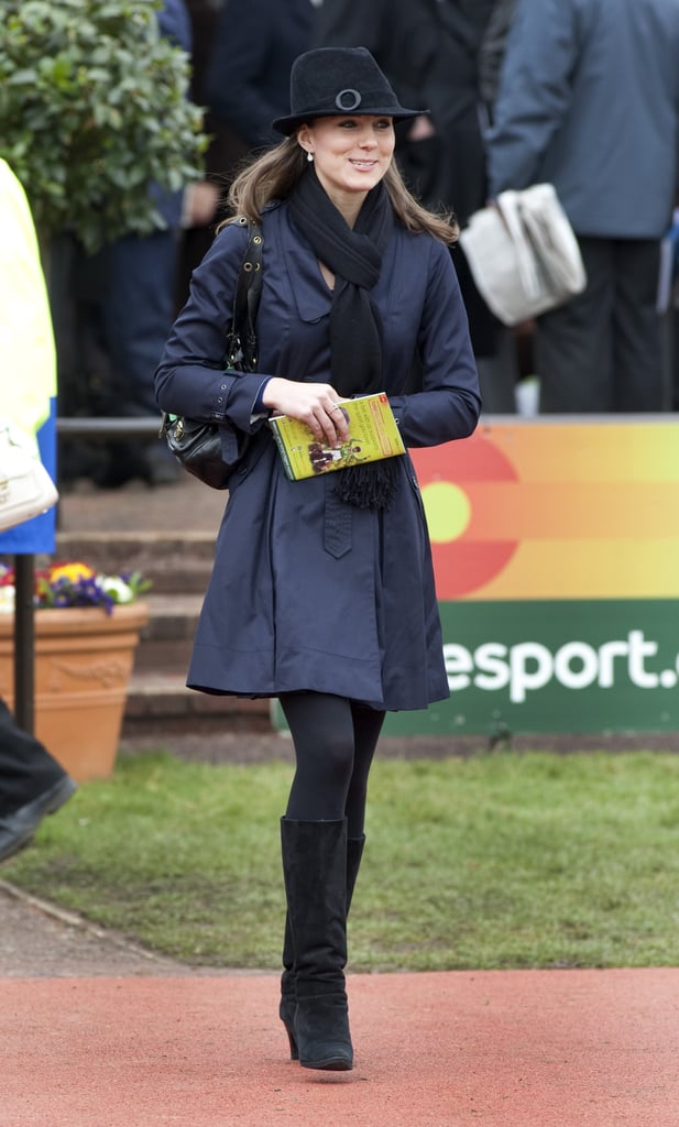 Previously she wore the coat to the Cheltenham Races in 2008 — dressing it up with a black fedora and matching knee boots.