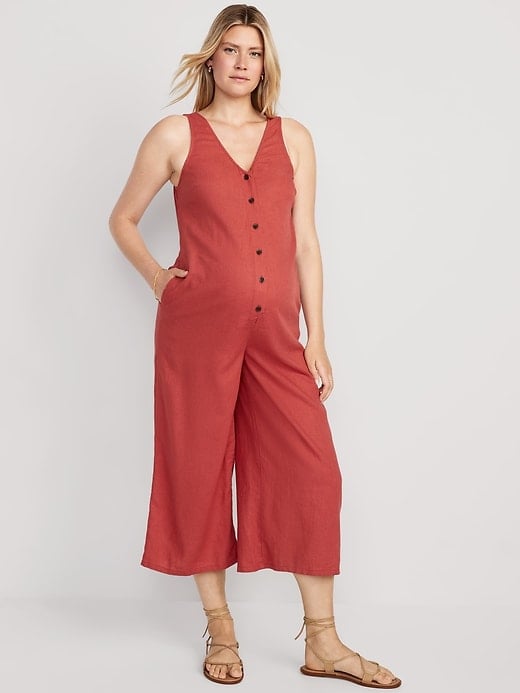 Old Navy Maternity Sleeveless Linen-Blend Cropped Henley Jumpsuit