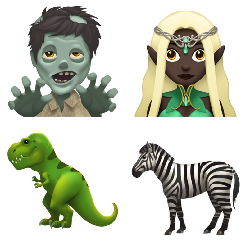 And here are zombie, elf, T-rex, and zebra emoji.