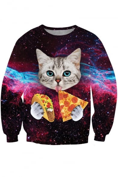 3D Cat Print Round Neck Long Sleeve Sweatshirt
