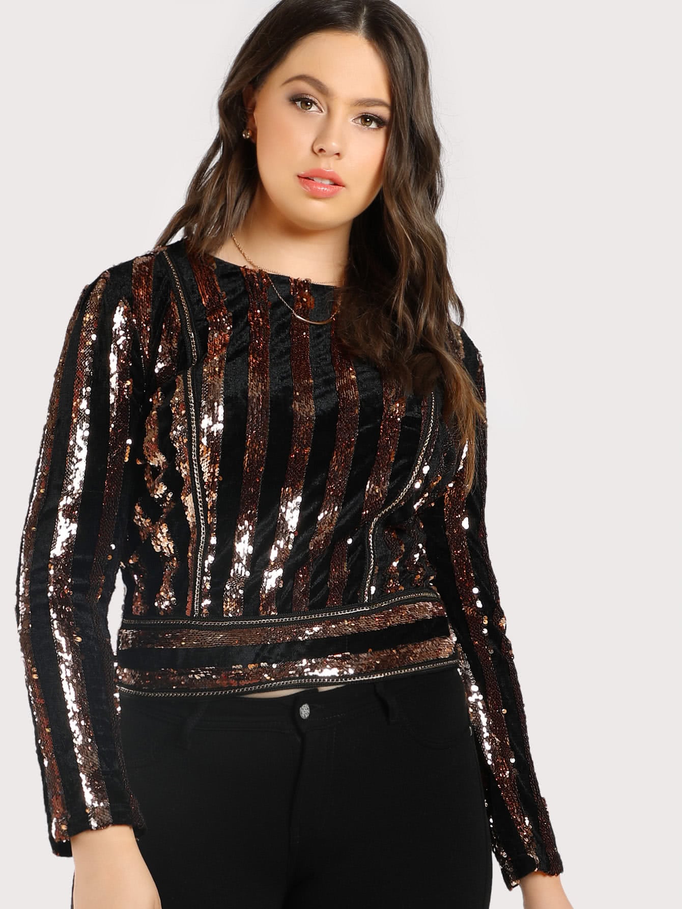 Shein Sequin Striped Zip Up Top | Allow 