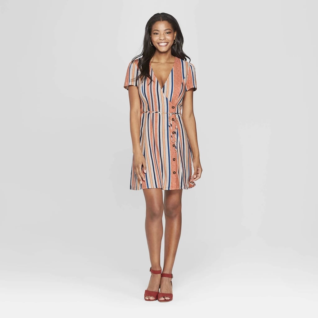 Striped Short Sleeve Side Button Wrap Dress