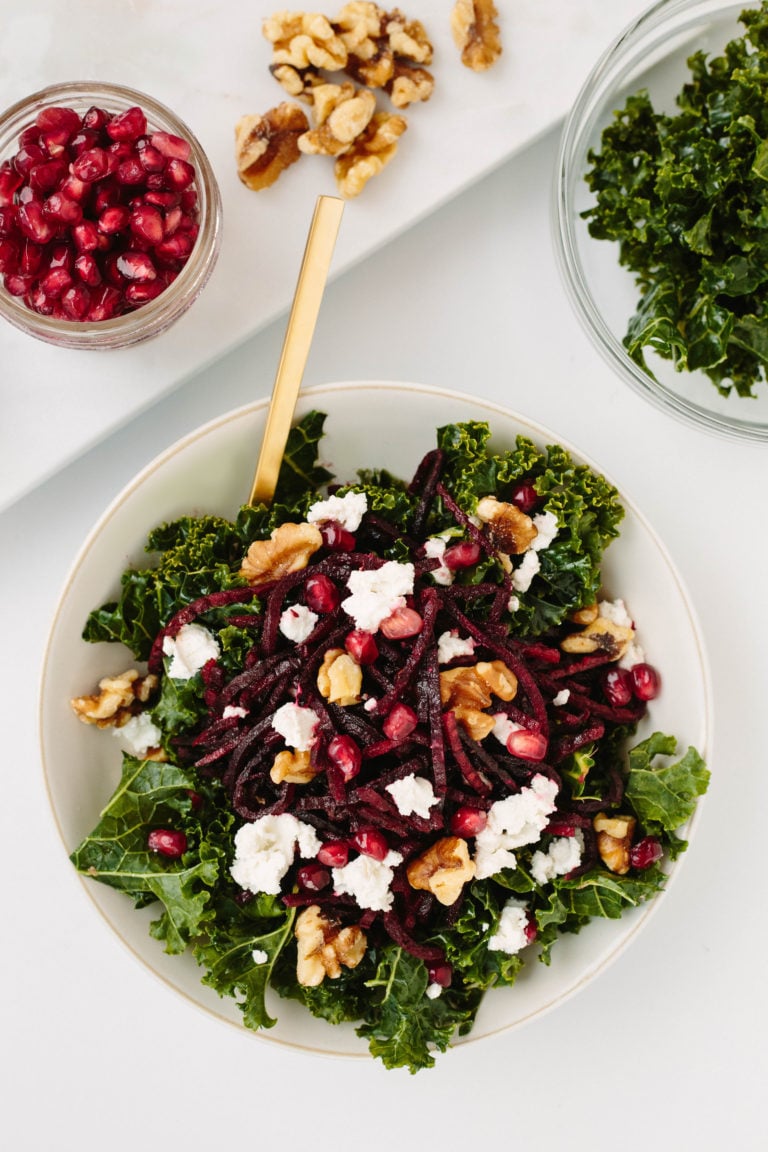 Winter Kale Bowl With Spiralized Beets and Goat Cheese