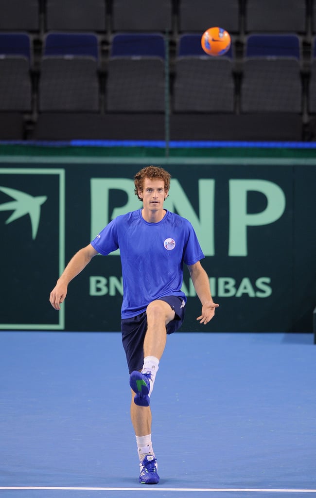 Andy Murray sported monochromatic hues while warming up with a soccer ball before the Great Britain v Luxembourg Davis Cup tie in Scotland in July 2011.