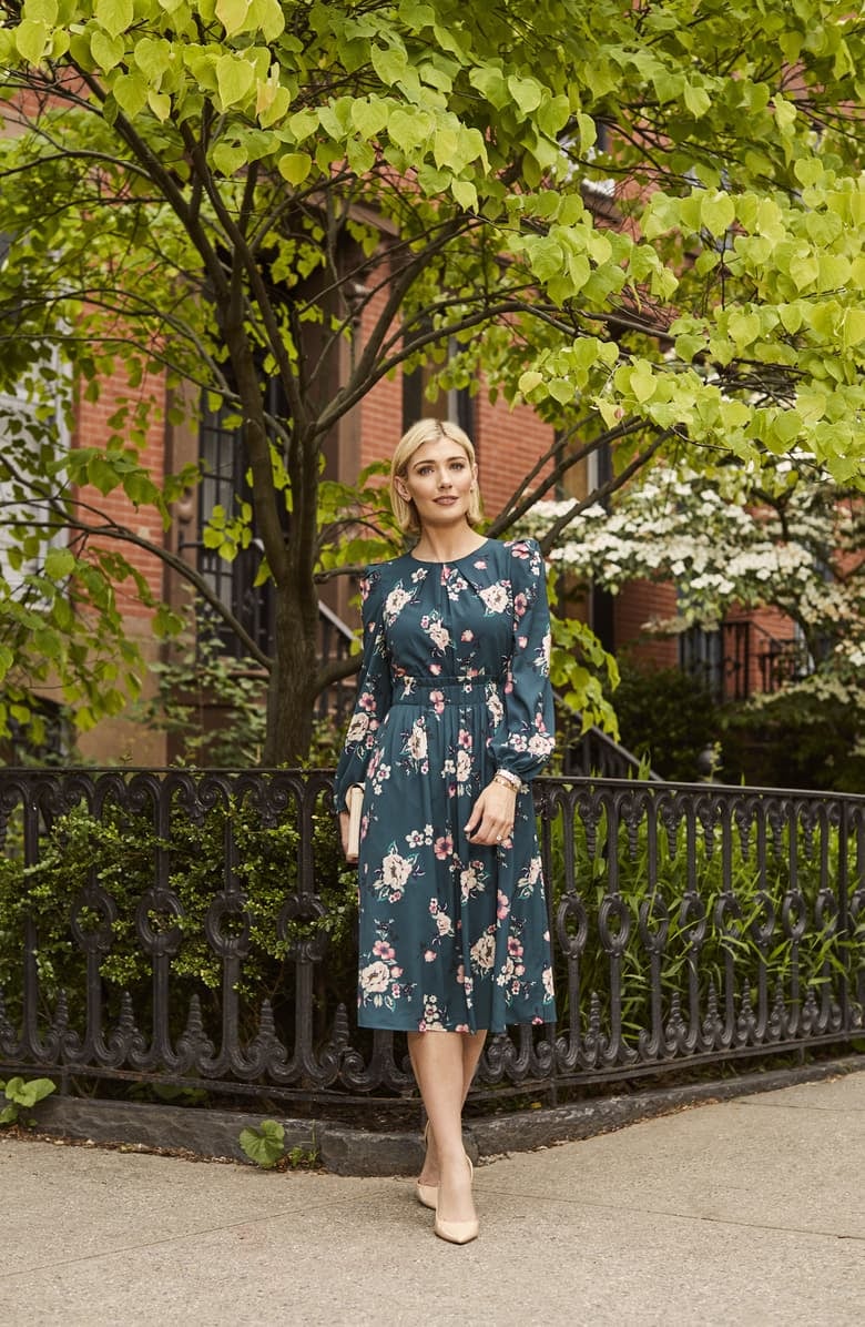 Eliza J Floral Print Long Sleeve Midi Dress