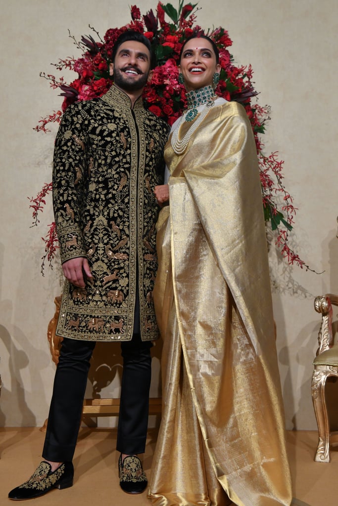 For the reception in Bengaluru, the actress wore a beautiful gold, silk saree from The House of Angadi, designed by K Radharaman.