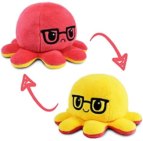 TeeTurtle Reversible Octopus Plushie in Red and Yellow with Glasses