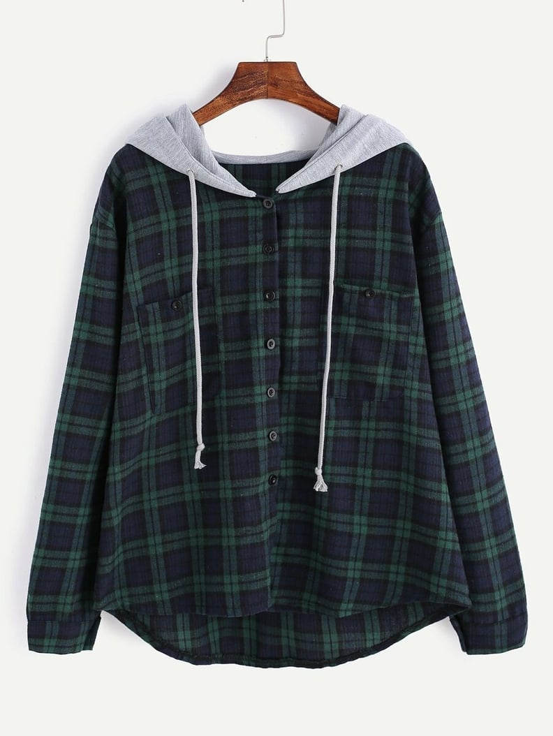 Shein Plus Pocket Plaid Drawstring Hooded Blouse