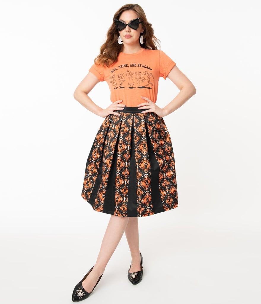 Unique Vintage Black and Orange Halloween Print Jayne Swing Skirt
