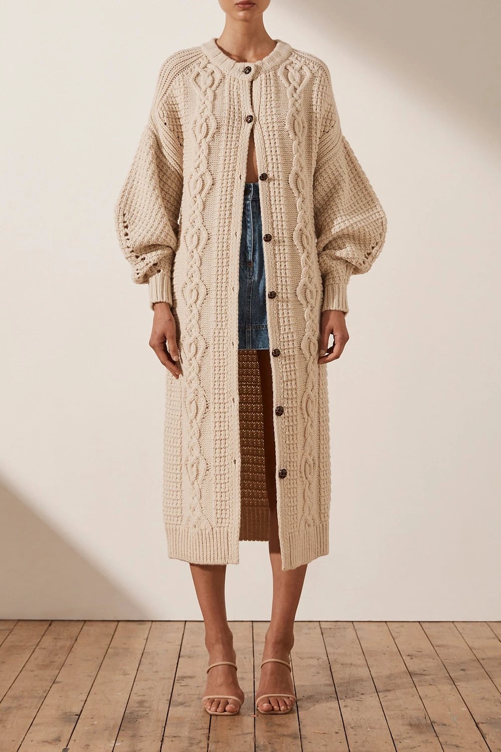 Shona Joy Piper Cocoon Sleeve Cable Midi Cardigan in Oatmeal 8