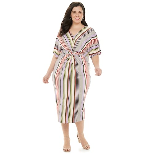 EVRI Plus Size Striped Gathered-Front Midi Dress