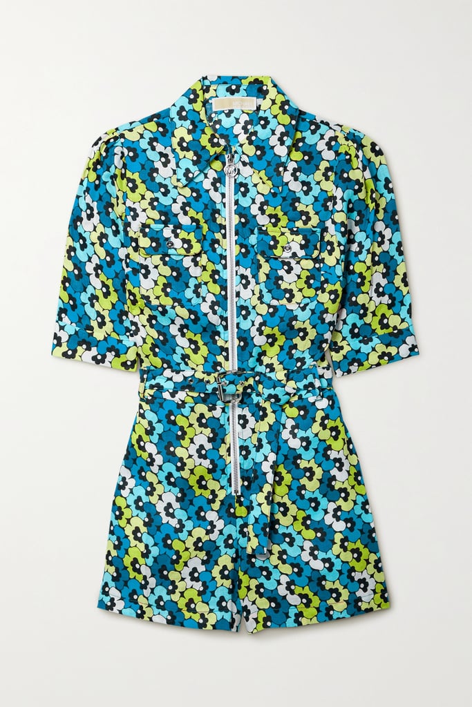 Michael Kors Turquoise Belted Floral-Print Hemp Playsuit
