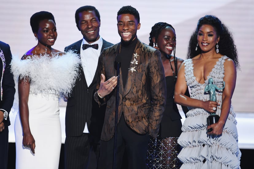 LOS ANGELES, CA - JANUARY 27:  The cast of ?Black Panther? accepts Outstanding Performance by a Cast in a Motion Picture onstage during the 25th Annual Screen Actors Guild Awards at The Shrine Auditorium on January 27, 2019 in Los Angeles, California. 480