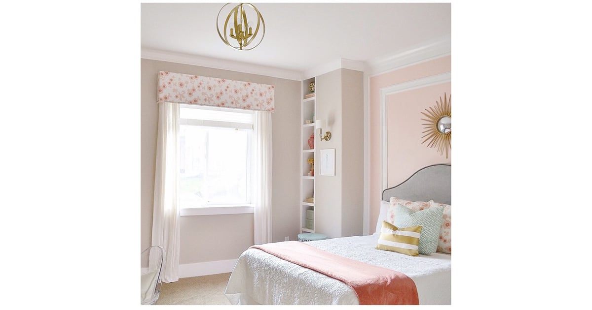 The find: the white bedding in this pastel and gold bedroom ...