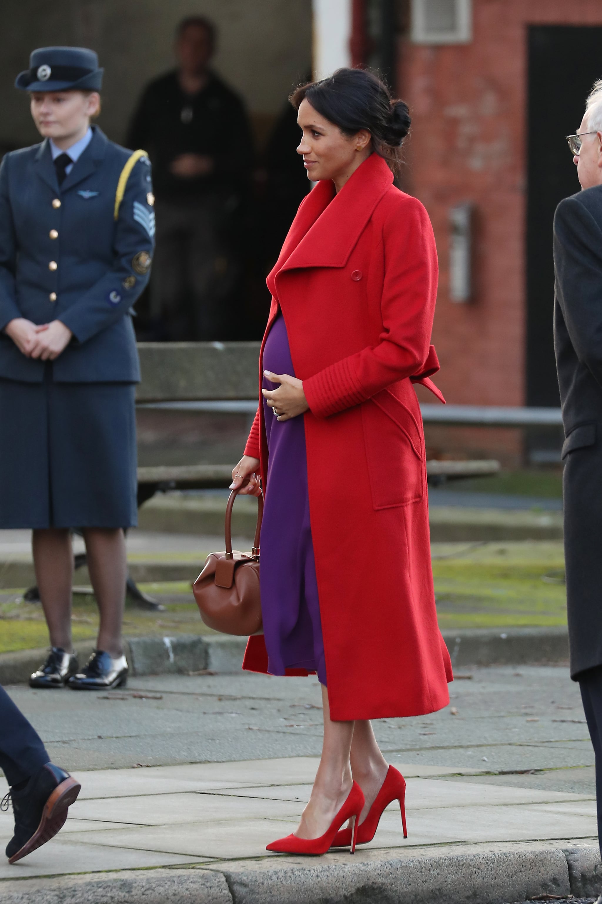 Purple dress hot sale red shoes