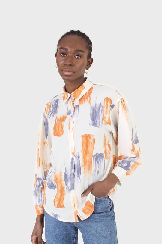 Glassworks London Ivory and Orange Water Color Print Shirt