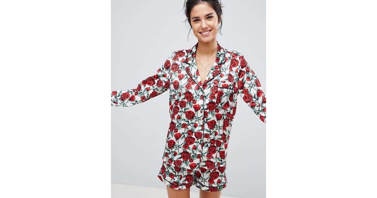 Missguided Valentines Satin Rose Print Pj Set Affordable Silk Pyjamas