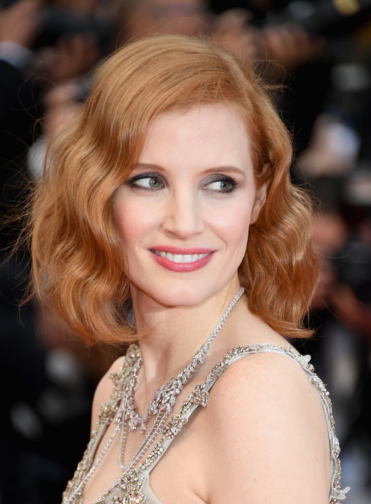 At the Money Monster premiere, Jessica Chastain tried a wavy hair look and a rosy cheeks.