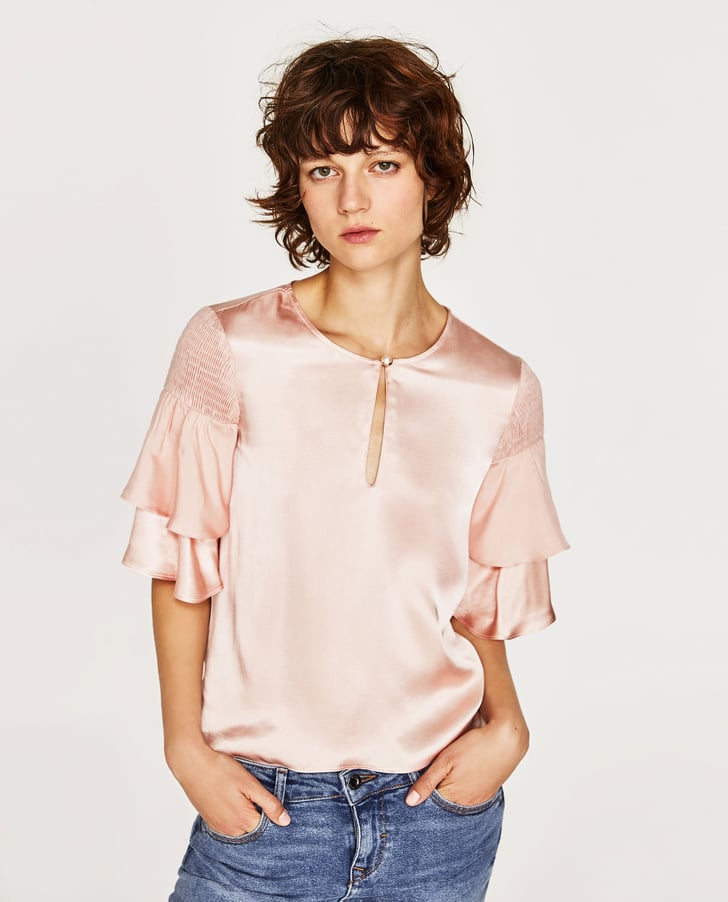 Zara Satin Top With Ruffled Sleeves Millennial Pink Clothing and