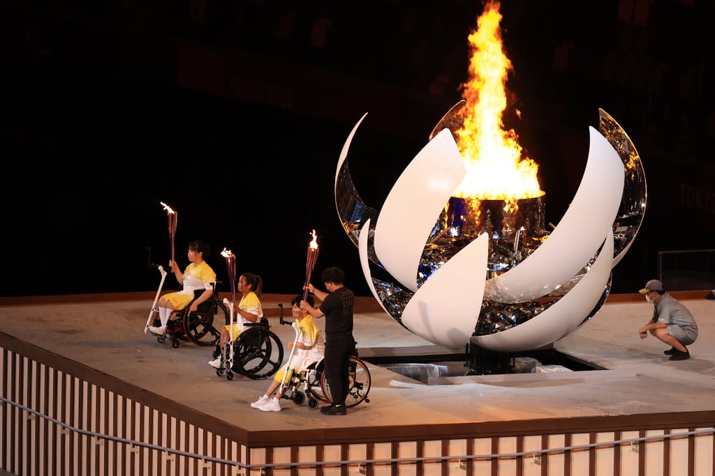 The Paralympic cauldron shown lit up during the 2021 Paralympic Games opening ceremony.
