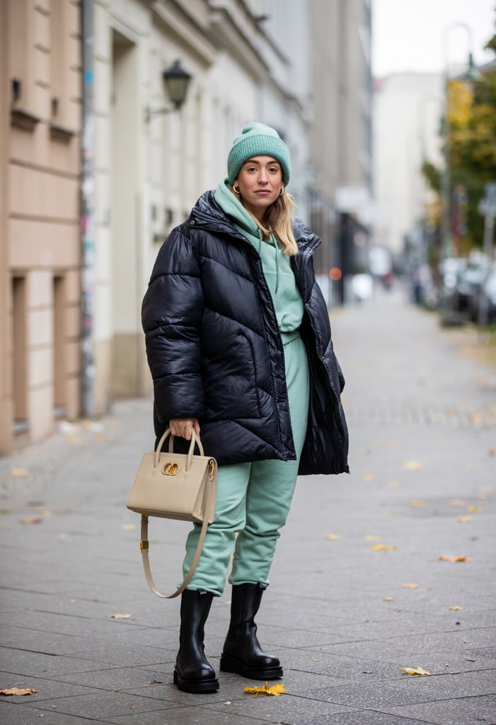 Accent your weather-proof boots with a statement puffer in the same tone.