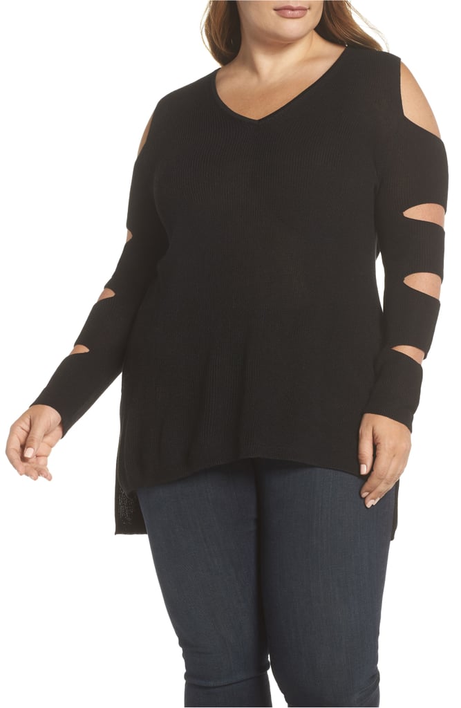 1.STATE Cold Shoulder Slit Sleeve Sweater