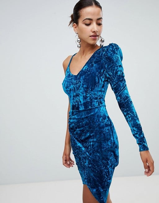 Club L One Shoulder Crushed Velvet Wrap Front Dress