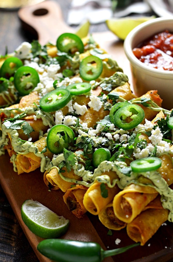 Jalapeño Chorizo Taquitos With Creamy Avocado Sauce