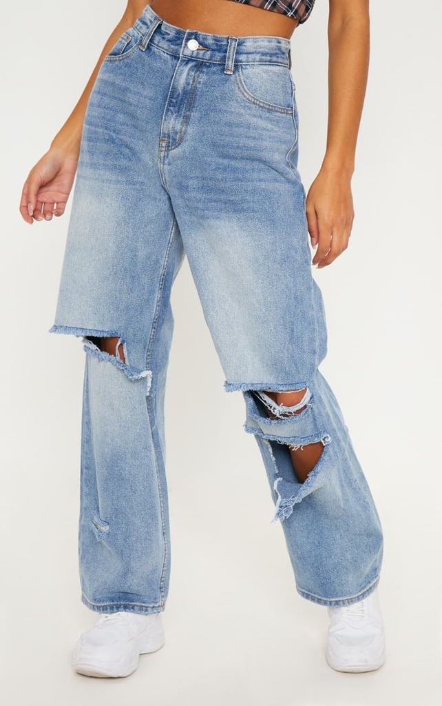PrettyLittleThing Mid Wash Baggy Low Rise Distressed Boyfriend Jeans