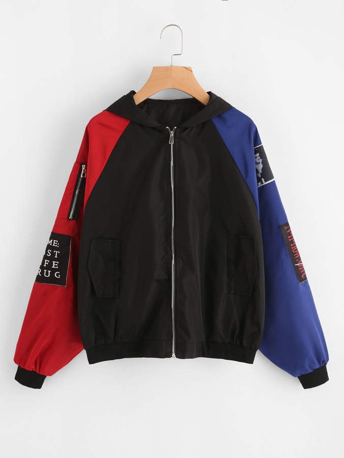 Romwe Contrast Sleeve Patch Detail Zip Up Jacket