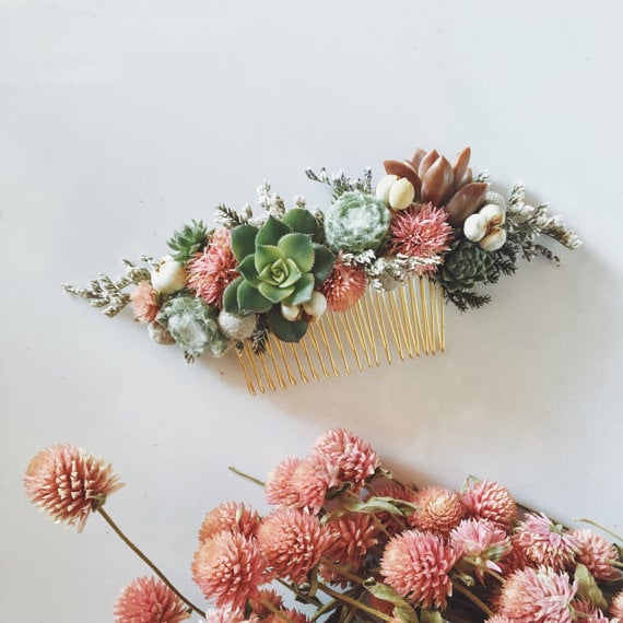Succulent Hair Comb in Green and Pink