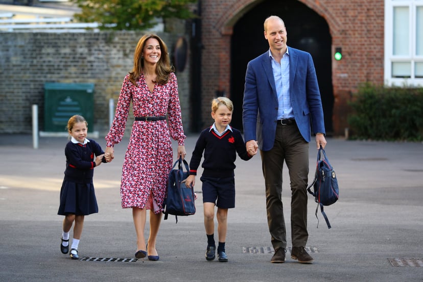 LONDON, UNITED KINGDOM - SEPTEMBER 5: Princess Charlotte arrives for her first day of school, with her brother Prince George and her parents the Duke and Duchess of Cambridge, at Thomas's Battersea in London on September 5, 2019 in London, England. (Photo