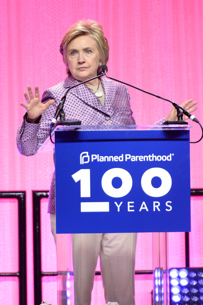 Wearing a purple checkered blazer at Planned Parenthood's 100th anniversary gala.