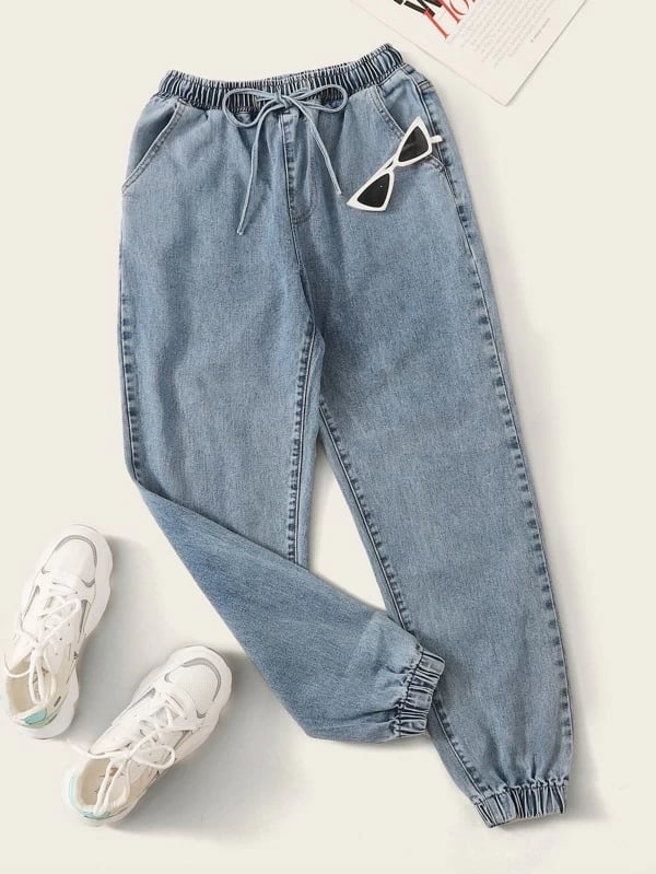 Romwe High Waisted Drawstring Waist Tapered Jeans