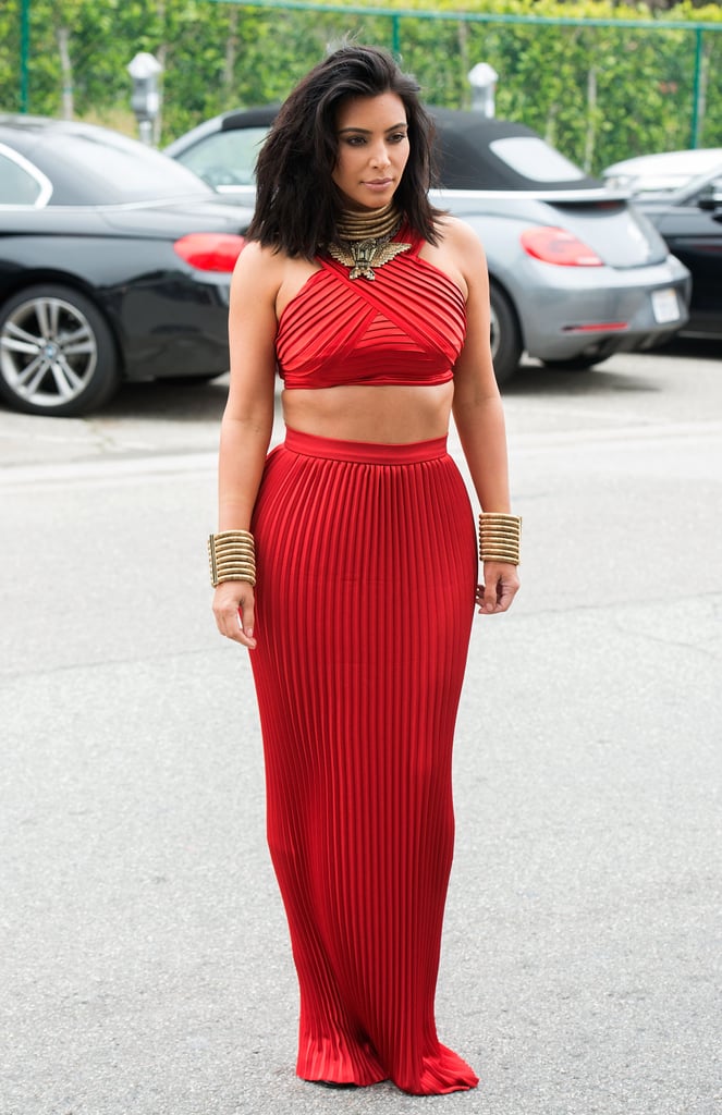 She wore a red silk crop top and skirt set to the pre-Grammys lunch in 2015.
