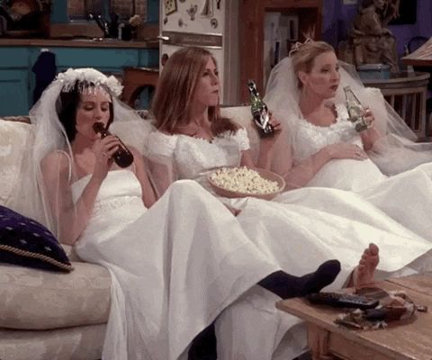 Monica, Phoebe, and Rachel Drinking Beers in Wedding Dresses