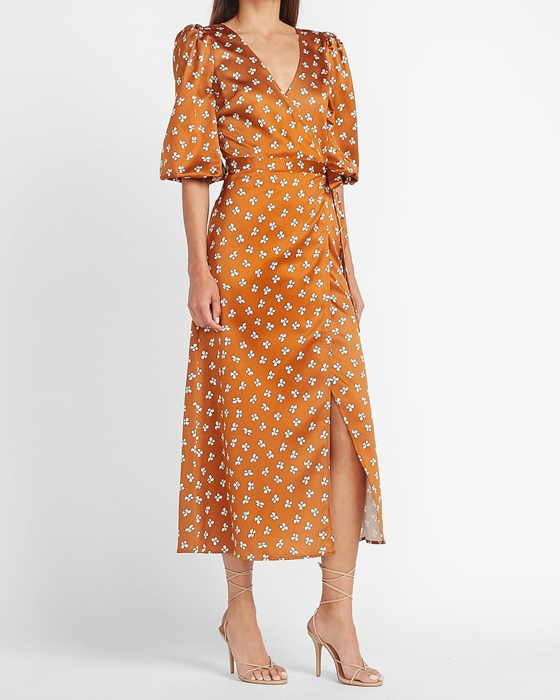 Express Ladygang Floral Satin Wrap Midi Dress