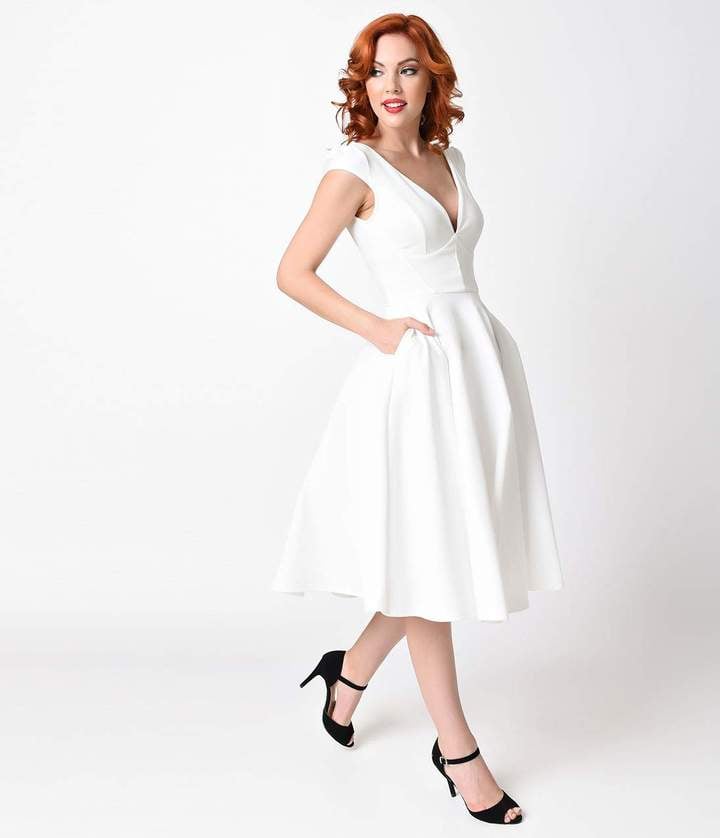 Unique Vintage Vintage 1950s Style Ivory Cap-Sleeve Swing Dress