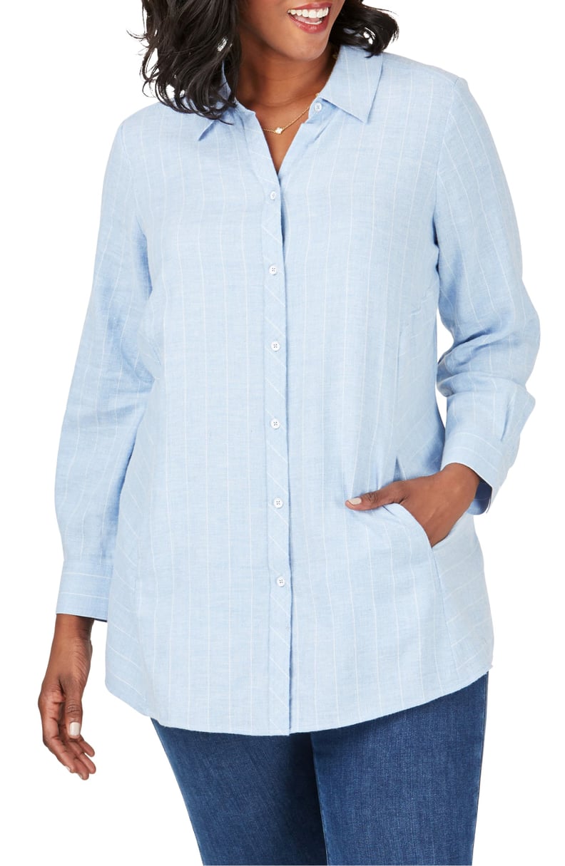 WNU Sky Blue & White Stripe Linen Shirt - Meghan Markle's Tops