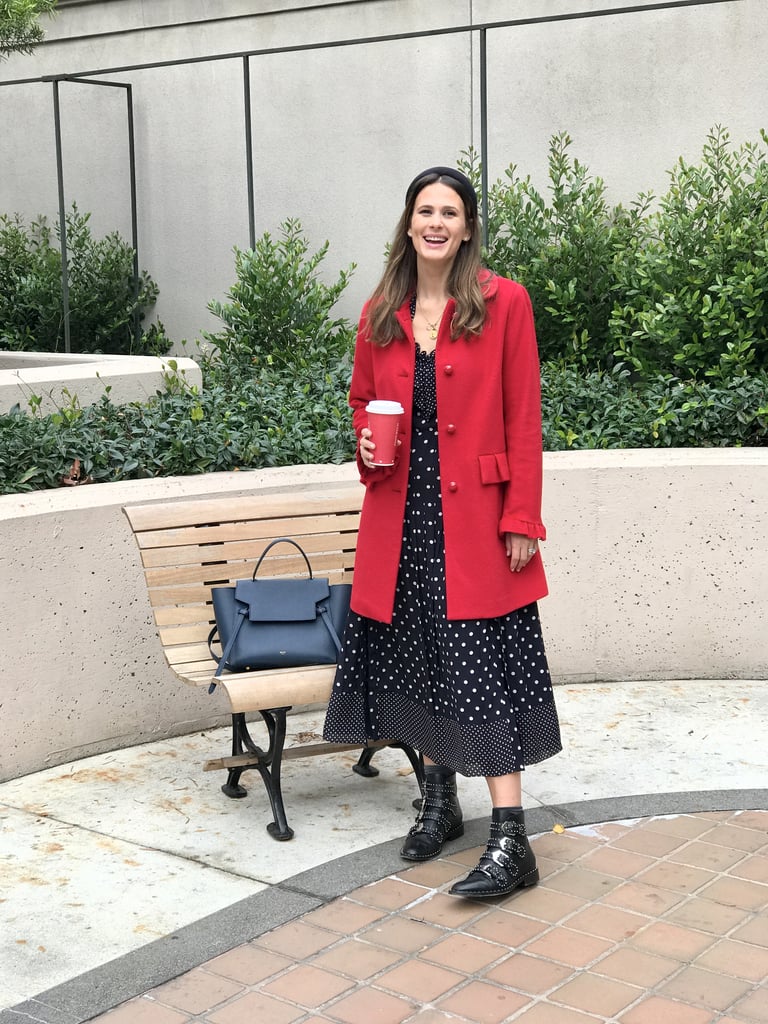 Red Wool Coat: Headed to Work in a Printed Dress and Combat Boots